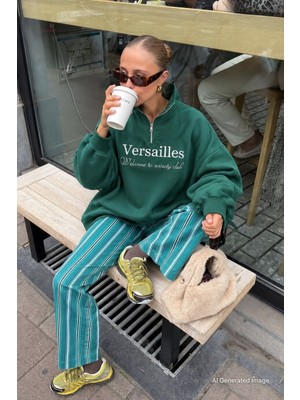 Madmext Yeşil Yarım Fermuarlı Baskılı Sweatshirt MG2240