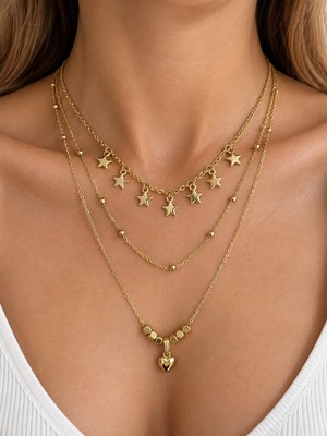 Feronnucci Kadın Çoklu Katmanlı Kolye Kombini – Yıldız Kalp Madalyon Deniz Yıldızı Charm Detaylı Şık Kolye Seti KM057 Rose Gold