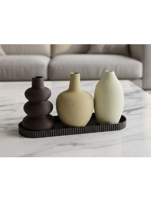 Bin1çeşit 3D Baskı 3lü Dekoratif Vazo Seti ve Sunum Tepsisi - Modern Minimalist Masa Dekoru
