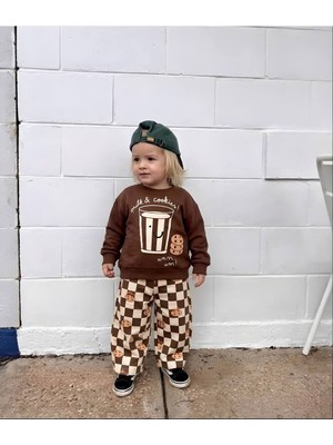 KR Kids Çocuk Kahverengi Milk & Cookies Baskılı Sweatshirt ve Ekose Desenli Pantolon 2’li Takım