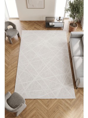 Merinos Vista %100 Akrilik Yumuşak Dokulu Modern Salon Oturma Odası Halısı Çizgili Krem 90-60