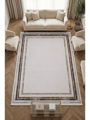 Merinos Vista %100 Akrilik Yumuşak Dokulu Modern Salon Oturma Odası Halısı Krem Çerçeveli 35-57