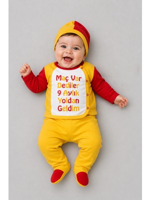BEBEKİZ Taraftar Yenidoğan Bebek Takımı 3’lü Set Hastane Çıkışı Sarı Kırmızı Baskılı Unisex %100 Pamuk
