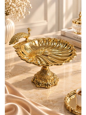Rasha Collection Tavus Kuşu Figürlü Ayaklı Gold Dekoratif Sunum Tabağı