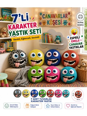 Maison Luré 7’li Emoji Canavar Yastık Seti 25 cm Yuvarlak Renkli