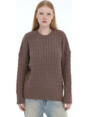 Trist Star Vizon Kadın %100 Pamuk Saç Örgü Desenli Bisiklet Yaka Oversize Triko Kazak TRIST-6169