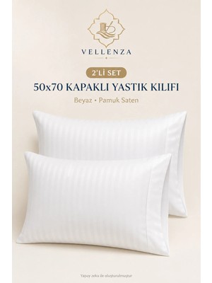 Maison Luré 2 Adet 50X70 Beyaz Çizgili Pamuk Saten Kapaklı Yastık Kılıfı