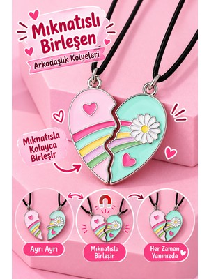 Bear & Pear 2'li Mıknatıslı Birleşen Kalp Arkadaşlık Kolyesi - Papatya ve Gökkuşağı Tasarımlı