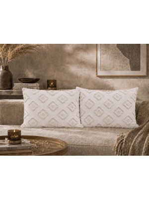 Maison Luré 2’li Şönil Kare Desenli Yastık Kılıfı Seti 47X67 cm Krem %100 Pamuk