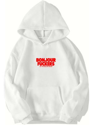 Brz Collection Unisex Oversize (Küçük) Bonjour Fuckers Hoodie (Beyaz)