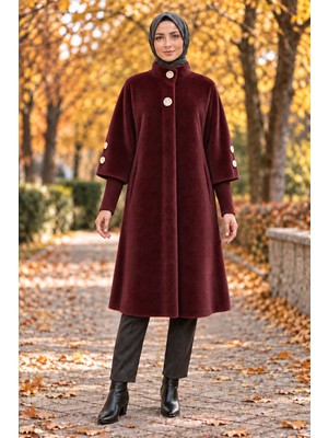 Sevitli Gold Düğmeli Uzun Kaban-Bordo