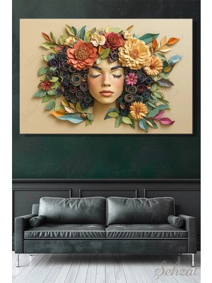 Şehzat Design Yatay Kanvas Duvar Tablosu Salon Yatak Odası Ofis 3D Kağıt Pastel Çiçek Taçlı Kadın Portresi