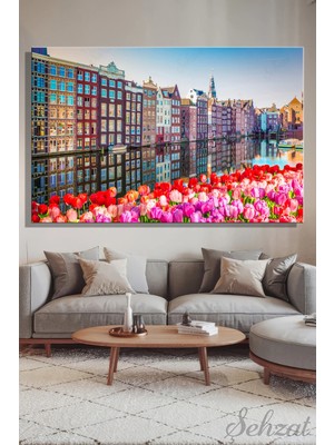 Şehzat Design Yatay Kanvas Duvar Tablosu Tekli Salon Mutfak Ofis Hollanda Amsterdam Şehir Kanal Manzara