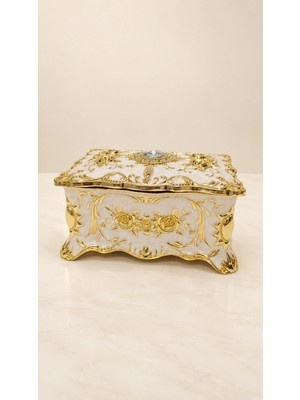 Rasha Collection Beyaz Gold Çiçek Motif ve Taş Işlemeli Dekoratif Takı Mücevher Kutusu