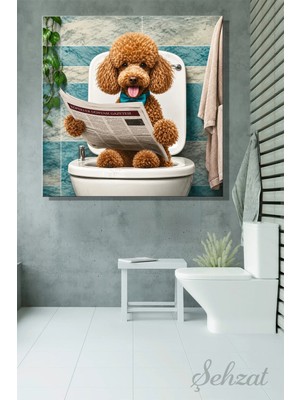 Şehzat Design Kanvas Duvar Tablosu Kare Banyo Koridor Veteriner Ofis Cafe Klozette Gazete Okuyan Kaniş Köpek