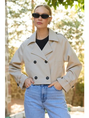 FullaModa Kruvaze Yaka Çift Cepli Crop Trençkot