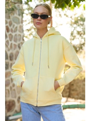 FullaModa Basic Fermuarlı Kapüşonlu Oversize Sweatshirt