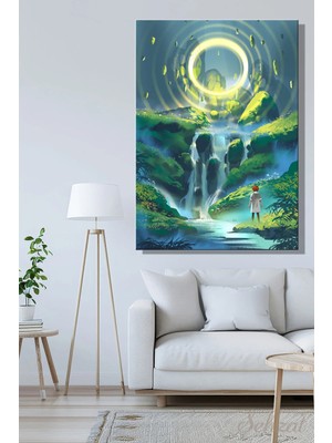 Şehzat Design Dikey Kanvas Duvar Tablosu Tekli Salon Çocuk Odası Fantastik Manzara Işık Çember Kaya