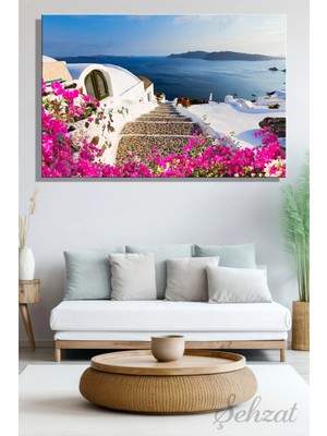 Şehzat Design Yatay Kanvas Duvar Tablosu Tekli Salon Yatak Odası Ofis Yunanistan Santorini Oia Köyü Manzara
