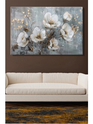 Şehzat Design Yatay Kanvas Duvar Tablosu Modern Tekli Salon Mutfak Yatak Odası Ofis 3D Gold Beyaz Çiçek Soyut