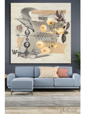 Şehzat Design Karetekli Kanvas Duvar Tablosu Modern Salon Ofis Sarı Güller Rüzgar Gülü Kartal Illüstrasyon Vintage