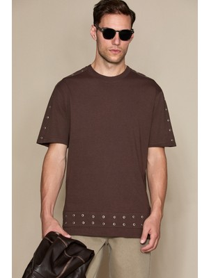 Grimelange Melındro Erkek Organik Pamuklu Taşlı Relaxed Fit Kahverengi T-Shirt
