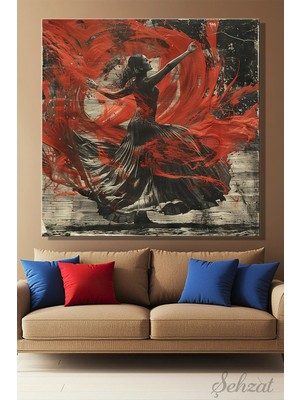 Şehzat Design Karetekli Kanvas Duvar Tablosu Modern Salon Ofis Danscı Kadın Soyut Kırmızı