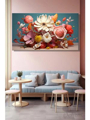 Şehzat Design Yatay Tekli Kanvas Duvar Tablosu Modern Salon Yatak Odası Ofis 3D Arajman Pembe Beyaz Sarı Çiçek