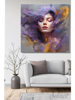 Şehzat Design Karetekli Kanvas Duvar Tablosu Modern Salon Ofis Mor Saçlı Kadın Portre Soyut Kuaför Güzellik