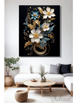 Şehzat Design Dikey Kanvas Duvar Tablosu Tekli Salon Mutfak Yatak Odası Ofis Gold Beyaz Mavi Çiçek 3D