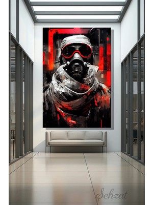 Şehzat Design Dikey Kanvas Duvar Tablosu Tekli Salon Yatak Odası Ofis Gaz Maskeli Adam Kırmızı Siyah
