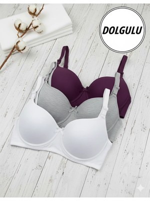 WINNERAIN 3’lü Destekli Dolgulu Sütyen - Rahat Günlük Kullanım – Balenli ve Şık Tasarım - Mor-Beyaz-Gri