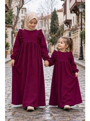 Betül Akbay Kız Çocuk Tesettür Elbise – Kadife Hüma Model Tam Boy – Bordo