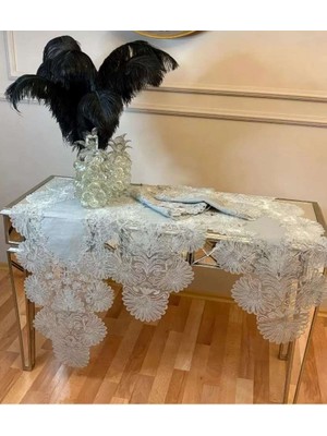 Bin1çeşit Palmiye Model Gri Keten Runner Seti Lüks Salon Takımı 7 Parça