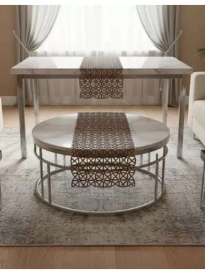 Bin1çeşit 5 Parça Kahverengi Angles Model Dantel Masa Örtüsü Runner Seti Salon Takımı