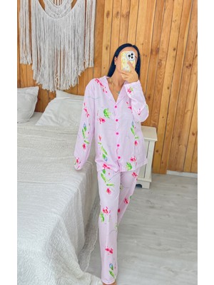 By Gamze Arman Pembe Çiçek Desenli Önden Düğmeli Uzun Kollu Lohusa Pijama Takımı