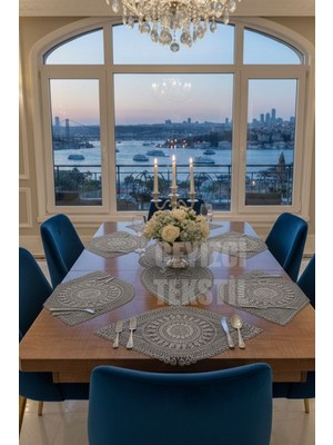 Bin1çeşit Nakışlı Supla Runner Seti Modern Amerikan Servis Takımı 6 Kişilik Set Gri