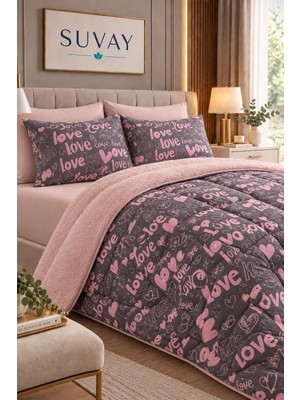 Suvay Çift Kişilik Welsoft Yorgan 2 Yastık Kılıfı Hediyeli, 195 x 215 cm Pudra Renkli Çift Taraflı  Love Pudra Yastık Kılıfı Hediyeli
