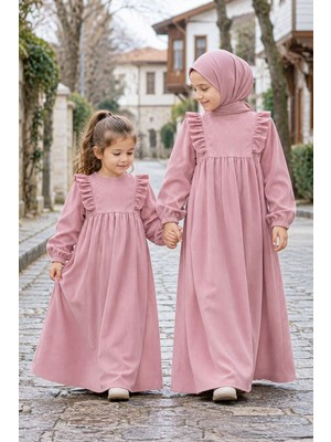 Betül Akbay Kız Çocuk Tesettür Elbise – Kadife Hüma Model Tam Boy – Pembe