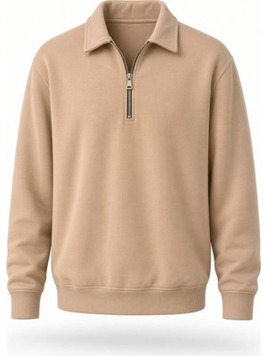 Oksit Poylx Iki Iplik Erkek Polo Yaka Metal Fermuarlı Sweatshirt - Yarım Fermuarlı Rahat Kalıp Düz Renk Sweat