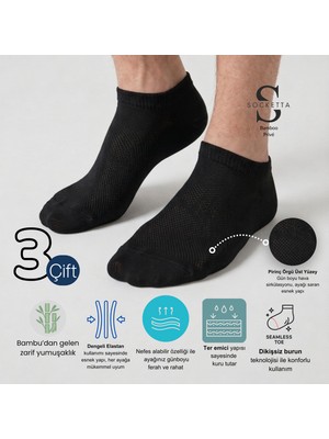 Socketta 3'lü Siyah Erkek Bambu Dikişsiz Esnek Anatomik Topuk Görünmez Sneaker Patik Çorap - Premium