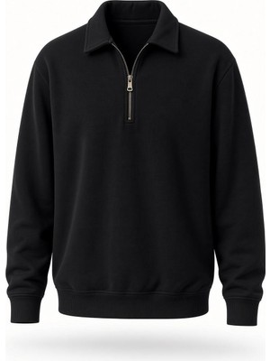 Oksit Poylx Iki Iplik Erkek Polo Yaka Metal Fermuarlı Sweatshirt - Yarım Fermuarlı Rahat Kalıp Düz Renk Sweat