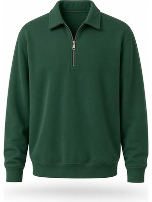 Oksit Poylx Iki Iplik Erkek Polo Yaka Metal Fermuarlı Sweatshirt - Yarım Fermuarlı Rahat Kalıp Düz Renk Sweat