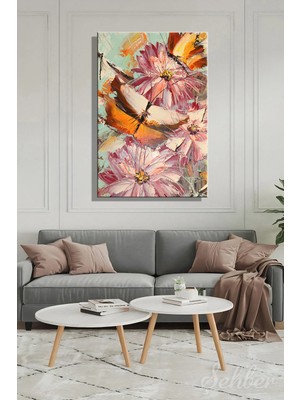 Şehzat Design Turuncu Tonlarda Soyut Çiçekler Ile Kelebek Figürleri Empresyonist Dikey Kanvas Tablo 4586