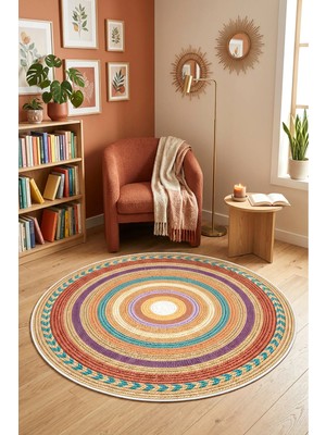 Decomia Home Dijital Kaymaz Yıkanabilir Renkli Yuvarlak Salon Halısı Çocuk Halısı