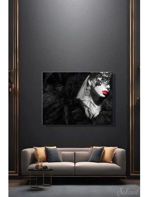Şehzat Design Nü Kadın Yüz Mücevher Küpe Kırmızı Ruj Yatay Tekli Kanvas Duvar Tablosu Salon Yatak Odası Ofis Cafe