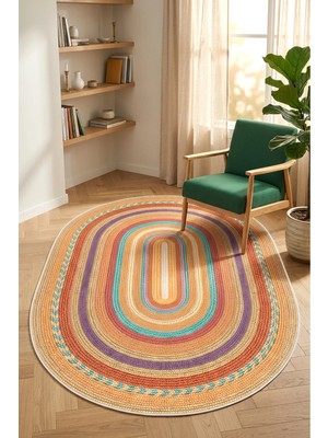 Decomia Home Dijital Kaymaz Yıkanabilir Renkli Jüt Görünümlü Oval Kesim Salon Halısı Çocuk Halısı