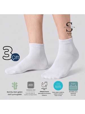 Socketta 3'lü Beyaz Erkek Bambu Dikişsiz Ince Yazlık Kısa Konç Çorap - Premium