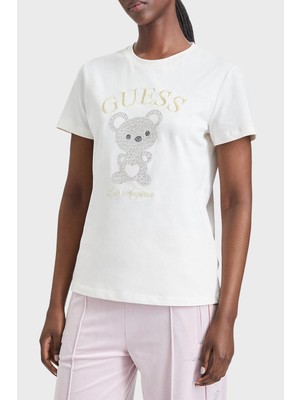 Guess Rhinestones Logolu % 100 Pamuk Bisiklet Yaka T Shirt V6BI28K9360 Kadın T Shirt V6BI28 K9360 G012