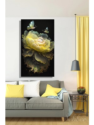 Şehzat Design Dikey Kanvas Tablo Tekli Salon Mutfak Yatak Odası Ofis Modern Pırıltılı Sarı Çiçek 1769